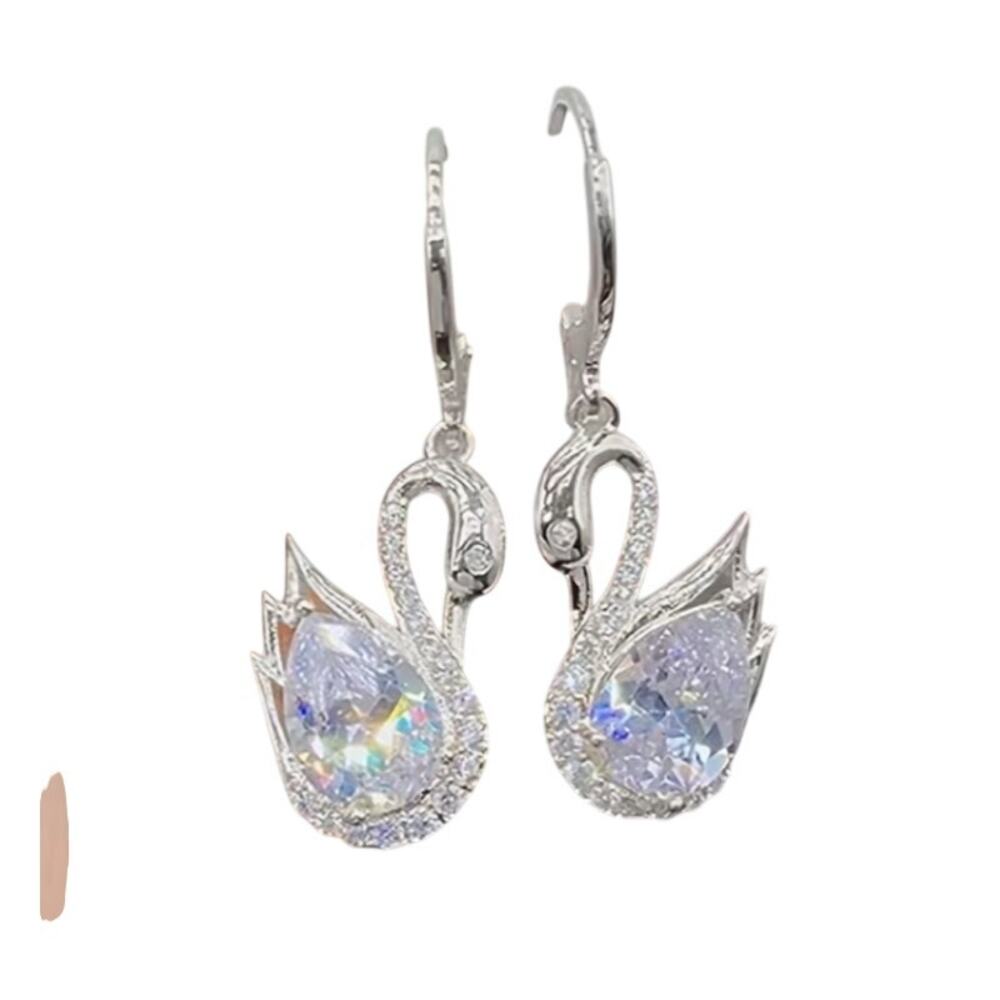 Delicate Silver Toned Swan Dangle Earrings With Pear Shaped Faux Jewel